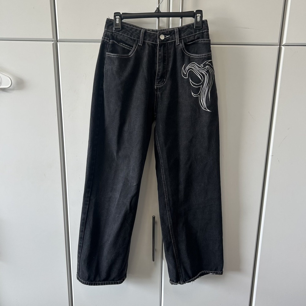Black Wide Leg Contrast Stitch Jeans with Hip Embroidery Y2K Streetwear Size 28
